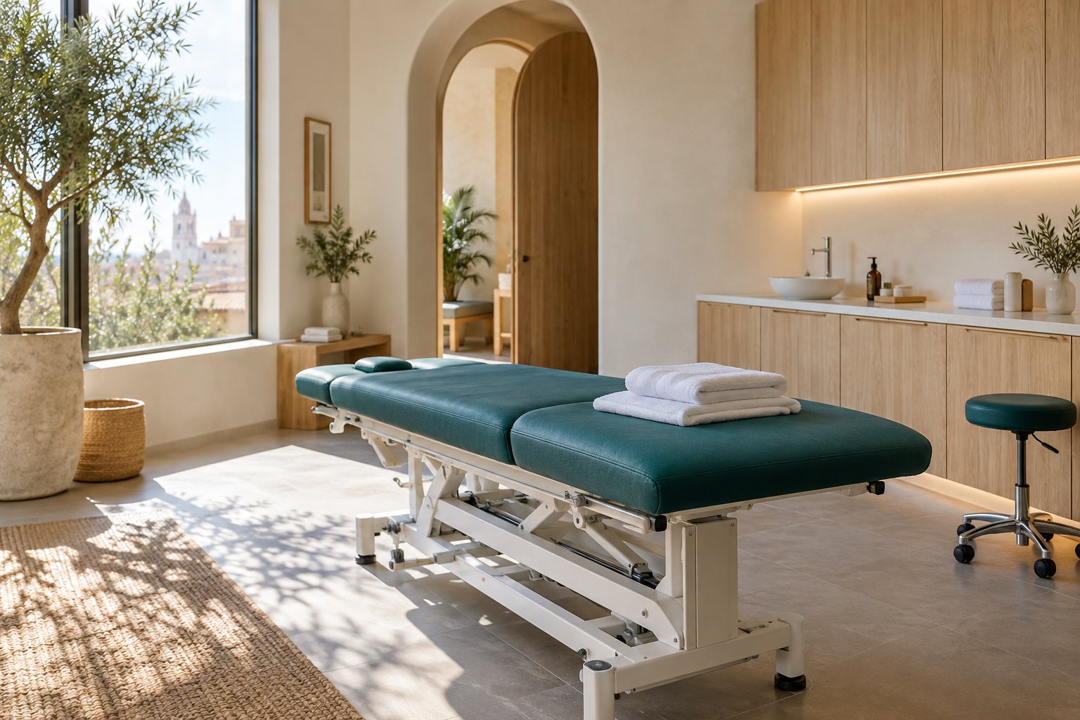Sala de fisioterapia luminosa, con camilla verde, madera natural y un arco al fondo